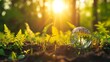 Crystal Earth On Soil In Forest With Ferns And Sunlight - The Environment - Earth Day Concept