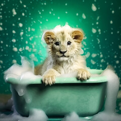 Wall Mural - A delightful lion cub enjoys a bubbly bath