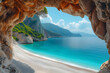 View of a serene beach from a seaside cave. Travel and nature concept for tourism, adventure, and tranquility designs