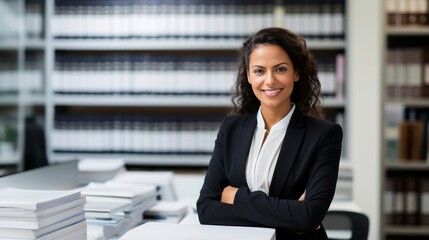 Sticker - Busy law firm receptionist paperwork and law books in the background