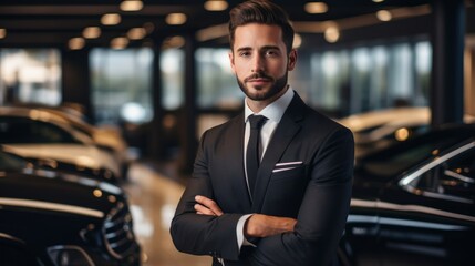 Canvas Print - Car dealership receptionist in suit luxury automobiles showroom setting