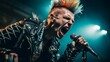 Punk rocker screaming into mic mohawk and leather stage rebellion