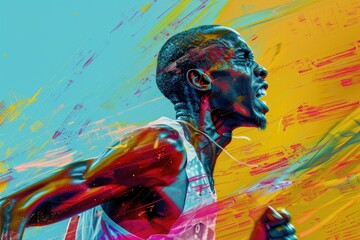 Poster - The face of an athlete running on a colored background.