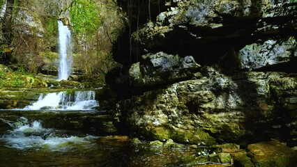 Wall Mural - Waterfall Las Pisas in Villabáscones de Bezana in the Valdebezana Valley. The Merindades region. Burgos. Castile and Leon. Spain. Europe