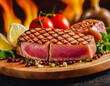 Tuna steak on a wooden board against a background of fire. The character and all objects are fictitious, the image was created using the neural network Fooocus v2