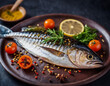 Grilled mackerel fish with lime on a black background.  The character and all objects are fictitious, the image was created using the neural network Fooocus v2