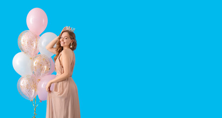 Poster - Young woman in crown and prom dress with balloons on blue background