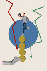 Poster - Vertical collage image of black white effect arm hold pile stack money coins mini guy use laptop drink coffee arrow indicators