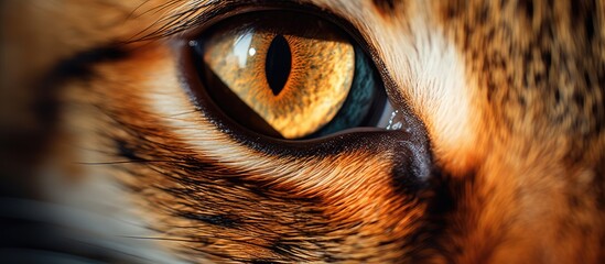 Sticker - A close up of a Felidaes eye, a carnivorous animal belonging to the Felidae family. The blue pupil stands out against the fawn fur and whiskers