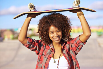 Poster - Portrait, smile or woman with skateboard on street in summer for sport, fashion or exercise outdoor in city. Happy person, skate park or face of gen z girl in casual clothes for style in South Africa