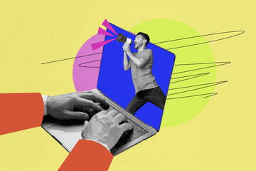 Poster - Photo cartoon comics sketch collage picture of excited guy shouting toa inside modern device isolated graphical background