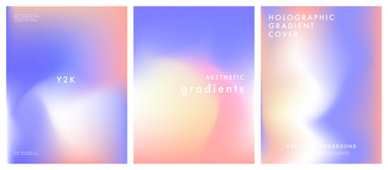 A set of Y2K holographic gradient posters. Iridescent aura pastel rainbow mesh background. Soft blurry pink, white and violet texture. Vector aesthetic for social media templates and graphic design