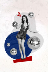 Poster - Vertical photo collage of young model girl wear shiny sexy dress dance hold disco ball party rest enjoy event isolated on painted background