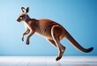 Kangaroo jumping to make it on time in blue background. Side view