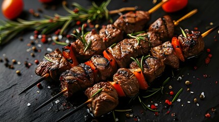 Wall Mural - Skewered grilled meat a delicious and savory dish perfect for a summer barbecue or cookout. Concept Barbecue, Skewered Grilled Meat, Savory Dish, Summer Cookout, Delicious Flavor