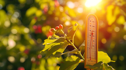 Wall Mural - thermometer sun high degrees. hot summer day. high summer temperatures
