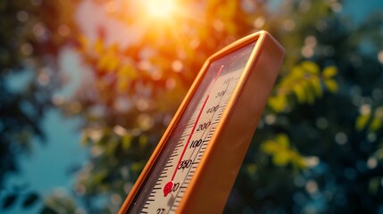 Wall Mural - thermometer sun high degrees. hot summer day. high summer temperatures