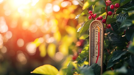 Wall Mural - thermometer sun high degrees. hot summer day. high summer temperatures