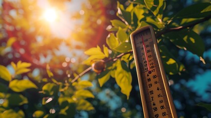 Wall Mural - thermometer sun high degrees. hot summer day. high summer temperatures