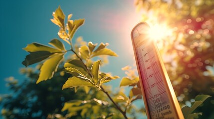 Wall Mural - thermometer sun high degrees. hot summer day. high summer temperatures