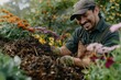 Man Smiling While Working in a Garden