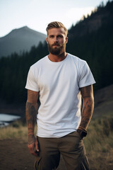 Wall Mural - Male model posing outdoors with plain white canvas t-shirt mockup