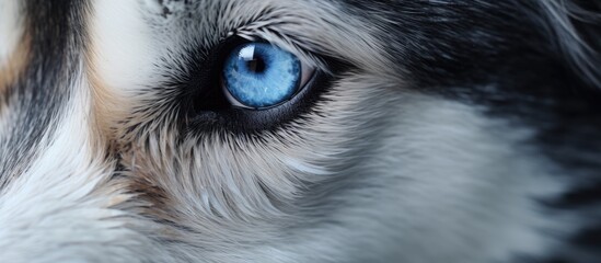 Wall Mural - A closeup of a Husky dogs electric blue eye, showcasing its long eyelashes, carnivorous nature, distinctive breed traits like whiskers and pointed ears, and the striking color of its iris