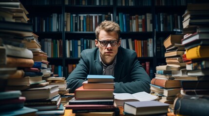 Wall Mural - Focused translator works on complex texts surrounded by language books