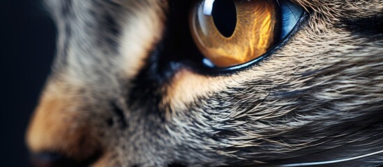 Poster - Macro photography capturing the intense gaze of a Felidaes eye, with whiskers and snout visible, against a dark background. A fascinating closeup of a carnivore terrestrial animal