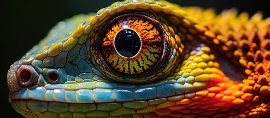 Wall Mural - A closeup of a colorful lizards electric blue eyes, showcasing the intricate patterns of its iris. The reptiles eyes are a mesmerizing feature of this terrestrial organism