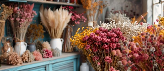 Canvas Print - Various dried flowers, including magenta petals and grass, beautifully arranged on a table in a store showcasing the art of flower arranging and floristry