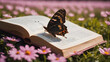 Butterfly on  open books on wood table with landscape view. Lifestyle concept. Old hardcover books. Educational concept.  AI generated image, ai