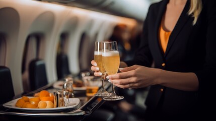 Attendant pours champagne for first-class passenger detail attention