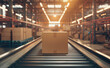 Cardboard Box on Conveyor Belt in Modern Warehouse