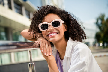 Sticker - Photo of positive adorable pretty stylish woman in megapolis summer weekend travel vacation good mood outside