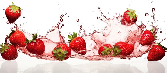 Wall Mural - Fruit from the strawberry plant dropping into a pool of liquid, creating a splash. A natural food ingredient in art and building design