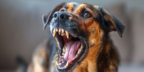 Wall Mural - A fierce and defensive dog with brown and black fur, barking in nature.