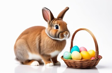 Easter bunny and basket with Easter eggs on a simple plain isolated background - Easter decoration, banner, panorama, background