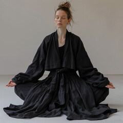 Serene woman in meditation wearing traditional attire. Mindfulness and spiritual awakening concept for zen lifestyle and peace