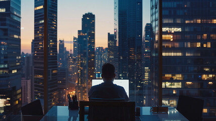 Network engineer in a high-tech server room monitoring data. Advanced computing and modern technology concept for print and web design.
