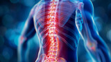 Fototapeta  - Human spine in x-ray on blue background. The neck spine is highlighted by yellow red colour. Medical examination of spinal injuries.
