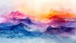 Abstract watercolor mountain landscape at sunset