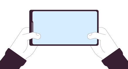 Poster - Holding smartphone with blank screen linear cartoon character hands illustration. Device with internet access outline 2D vector image, white background. Mobile phone editable flat color clipart