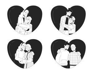 Heart-shaped family hugs black and white 2D line cartoon characters set. Heartshaped embrace parents kids isolated vector outline people. Supportive monochromatic flat spot illustrations collection