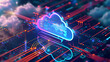Cloud storage. A digital service or application that transfers data to a server or hosting service. Data transfer protection and data center connection network. Web-based cloud, Generative Ai