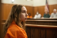 A Young Woman In An Orange Prison Jumpsuit Sitting At The Backrest Inside A Courtroom. Generative AI