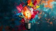 Light bulb with colorful paint splashes on dark background. Creative idea concept