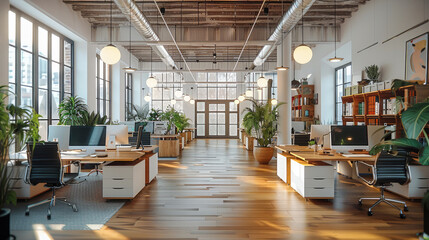 Poster - An open office space with white and wooden desks, computers on the tables. Generative AI.