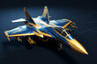 a blue and gold jet plane