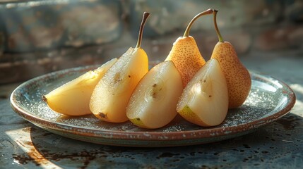 Wall Mural - Sliced and whole pears on a ceramic plate